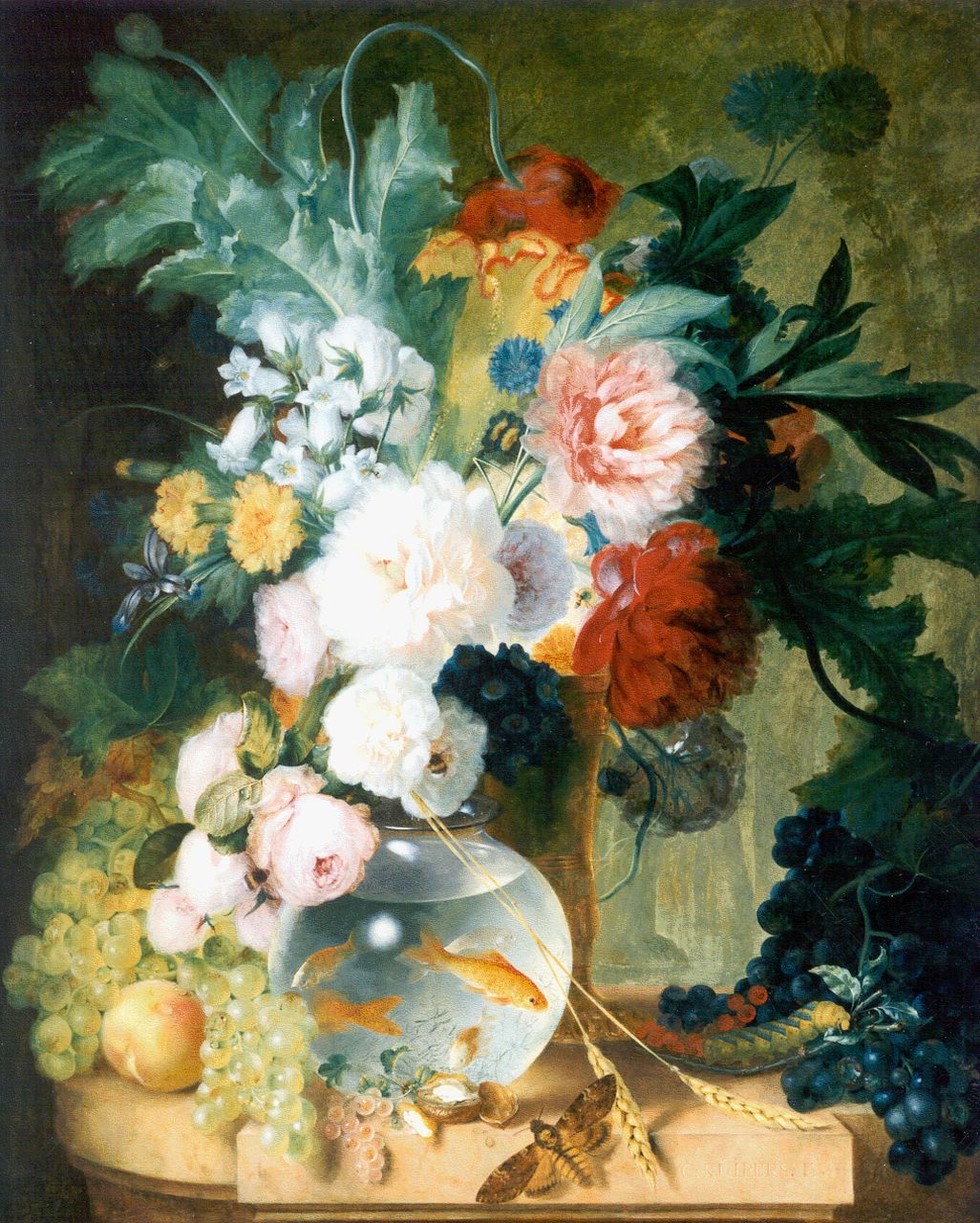 Kuipers C.  | Cornelis Kuipers, Bloemen en viskom op een marmeren tafel, olieverf op paneel 87,0 x 70,0 cm, gesigneerd rechtsonder en gedateerd 1777