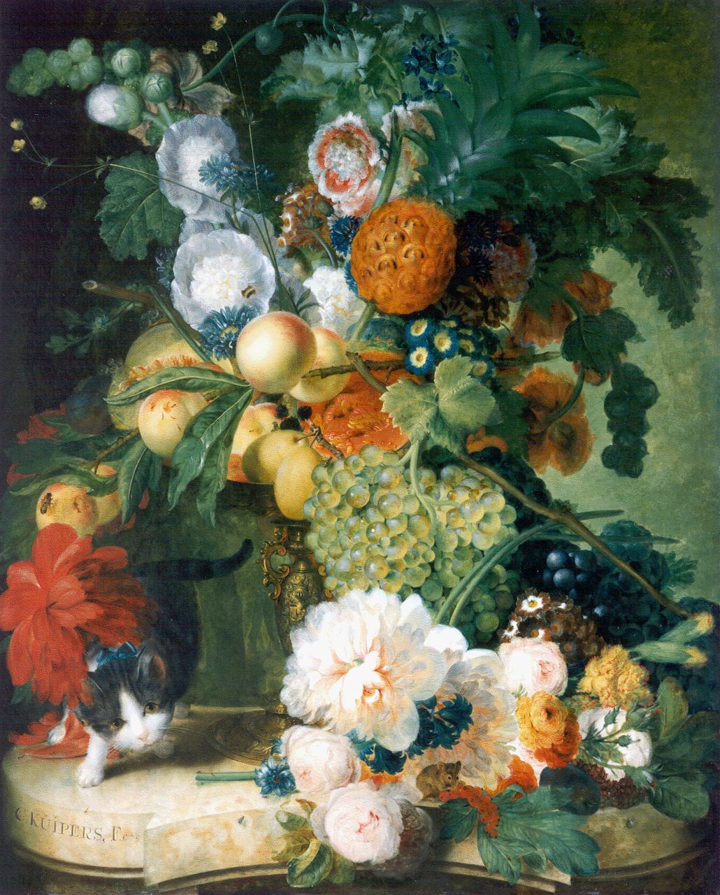 Kuipers C. | Cornelis Kuipers, Bloemen en kat op een marmeren tafel, olieverf op paneel 87,0 x 70,0 cm, gesigneerd linksonder en gedateerd 1779 Kuipers C. | Cornelis Kuipers, Bloemen en kat op een marmeren tafel, olieverf op paneel 87,0 x 70,0 cm, gesigneerd linksonder en gedateerd 1779