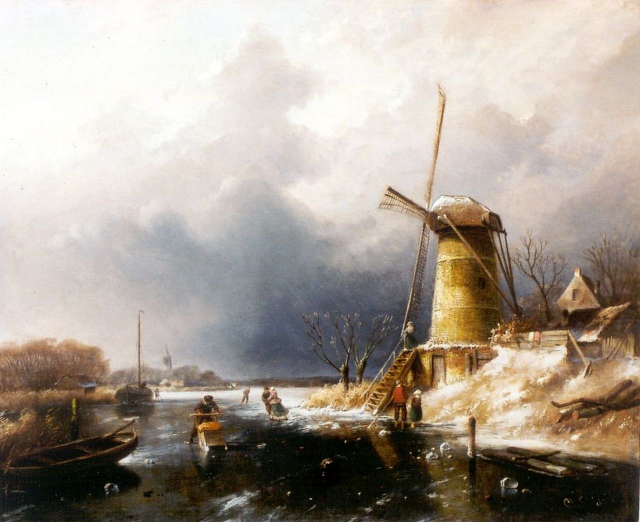 Leickert C.H.J. | 'Charles' Henri Joseph Leickert, Schaatsers op een bevroren rivier bij een molen, olieverf op paneel 37,1 x 44,9 cm, gesigneerd rechtsonder Leickert C.H.J. | 'Charles' Henri Joseph Leickert, Schaatsers op een bevroren rivier bij een molen, olieverf op paneel 37,1 x 44,9 cm, gesigneerd rechtsonder