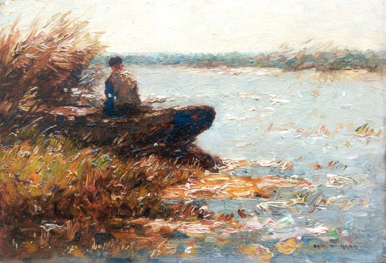 Knikker A. | Aris Knikker, Polderlandschap met visser, olieverf op schildersboard 25,9 x 36,9 cm, gesigneerd rechtsonder Knikker A. | Aris Knikker, Polderlandschap met visser, olieverf op schildersboard 25,9 x 36,9 cm, gesigneerd rechtsonder