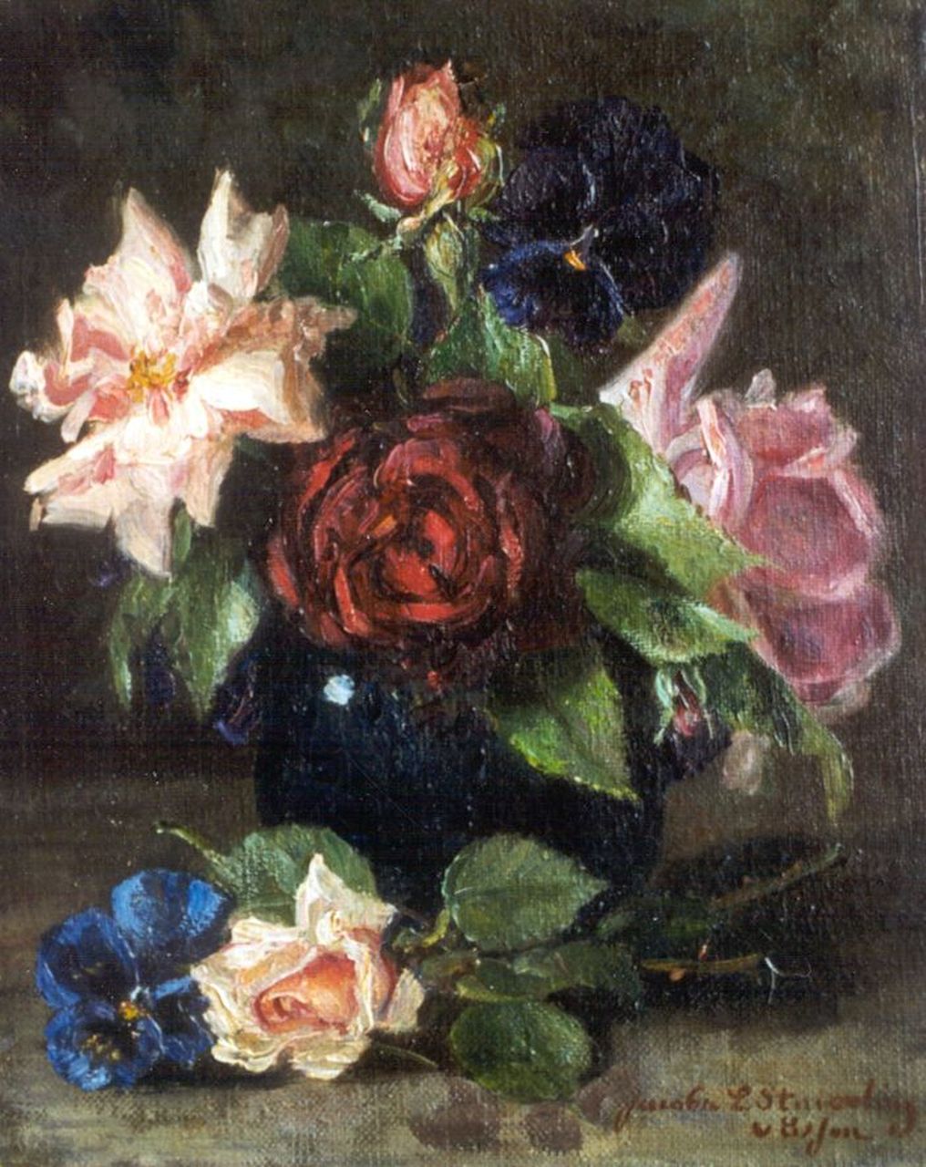 Stuiveling-van Essen L.J. | Louise Jacoba 'Jacoba L.' Stuiveling-van Essen, Stilleven met rozen, olieverf op doek 25,2 x 20,2 cm, gesigneerd rechtsonder Stuiveling-van Essen L.J. | Louise Jacoba 'Jacoba L.' Stuiveling-van Essen, Stilleven met rozen, olieverf op doek 25,2 x 20,2 cm, gesigneerd rechtsonder