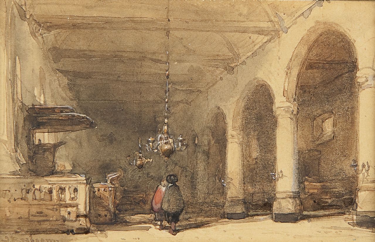 Bosboom J.  | Johannes Bosboom, De Bakenesserkerk in Haarlem; zijbeuk met preekstoel, aquarel op papier 9,0 x 13,8 cm, gesigneerd linksonder