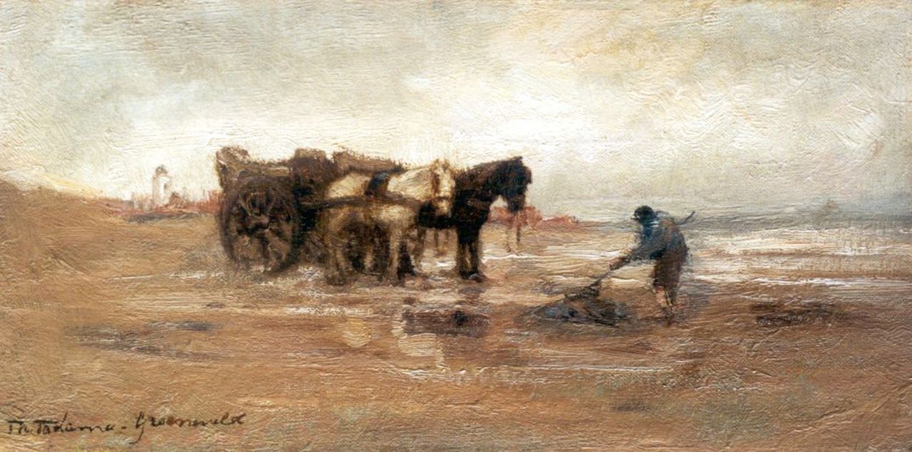 Tadama-Groeneveld T.H.B.J. | Thamine Henriette Bartholda Jacoba 'Tamine' Tadama-Groeneveld, Schelpenvisser op het strand van Katwijk, olieverf op doek 16,0 x 31,9 cm, gesigneerd linksonder Tadama-Groeneveld T.H.B.J. | Thamine Henriette Bartholda Jacoba 'Tamine' Tadama-Groeneveld, Schelpenvisser op het strand van Katwijk, olieverf op doek 16,0 x 31,9 cm, gesigneerd linksonder