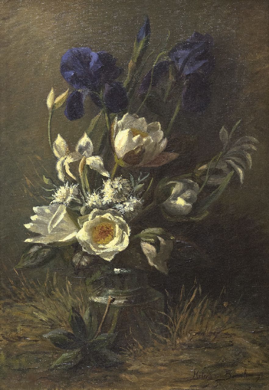 Borselen H.M. van | Helena Maria van Borselen, Stilleven met waterlelies en irissen, olieverf op doek 50,3 x 34,9 cm, gesigneerd rechtsonder en gedateerd '96