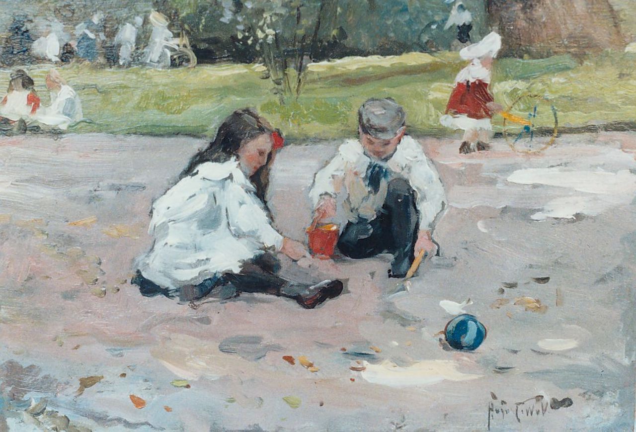 Voorden A.W. van | August Willem van Voorden, Spelende kinderen in een park, olieverf op board 22,5 x 32,5 cm, gesigneerd rechtsonder met initialen Voorden A.W. van | August Willem van Voorden, Spelende kinderen in een park, olieverf op board 22,5 x 32,5 cm, gesigneerd rechtsonder met initialen