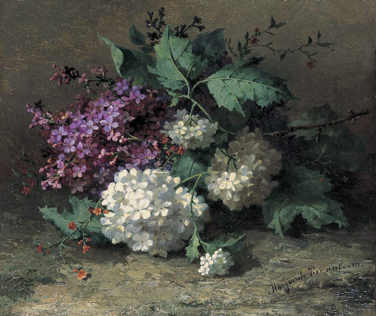 Roosenboom M.C.J.W.H.  | 'Margaretha' Cornelia Johanna Wilhelmina Henriëtta Roosenboom, Boeket met seringen en sneeuwbal op bosgrond, olieverf op doek op paneel 26,3 x 31,1 cm, gesigneerd rechtsonder