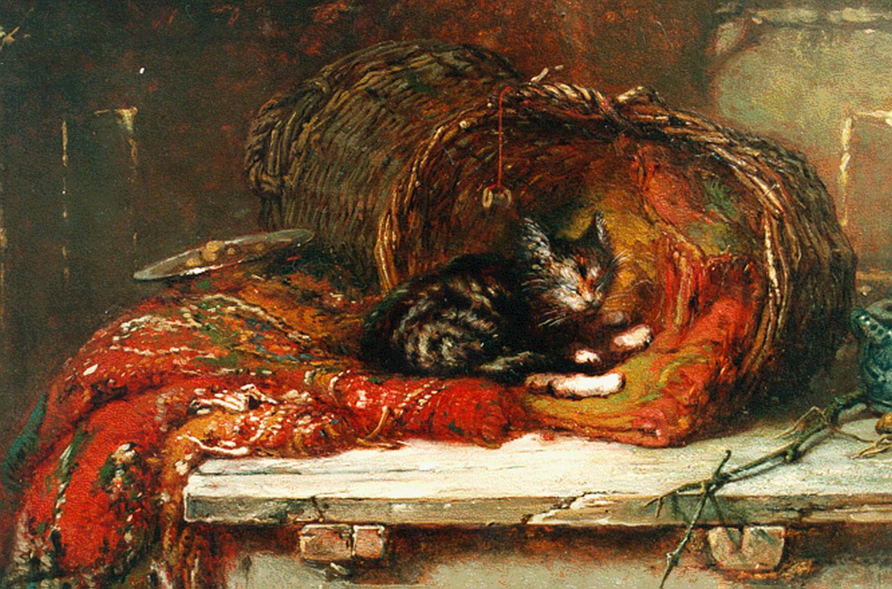 Vos M. | Maria Vos, Stilleven met poes, manden en Perzisch tapijt, olieverf op paneel 22,8 x 30,4 cm Vos M. | Maria Vos, Stilleven met poes, manden en Perzisch tapijt, olieverf op paneel 22,8 x 30,4 cm