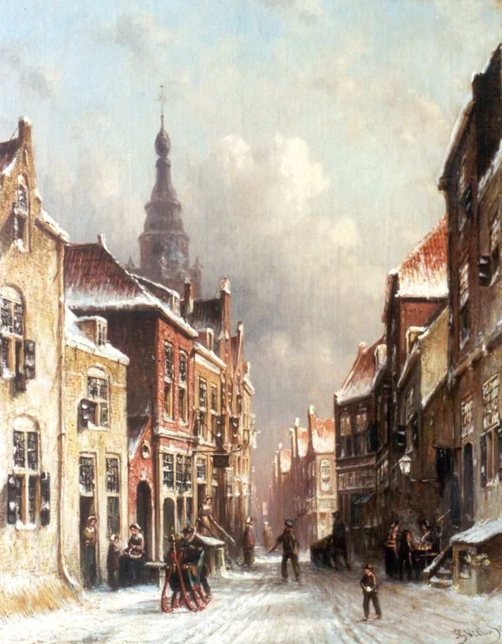 Vertin P.G. | Petrus Gerardus Vertin, Winters stadsgezicht met kerk en figuren, olieverf op doek 45,0 x 36,2 cm, gesigneerd rechtsonder en gedateerd '83 Vertin P.G. | Petrus Gerardus Vertin, Winters stadsgezicht met kerk en figuren, olieverf op doek 45,0 x 36,2 cm, gesigneerd rechtsonder en gedateerd '83