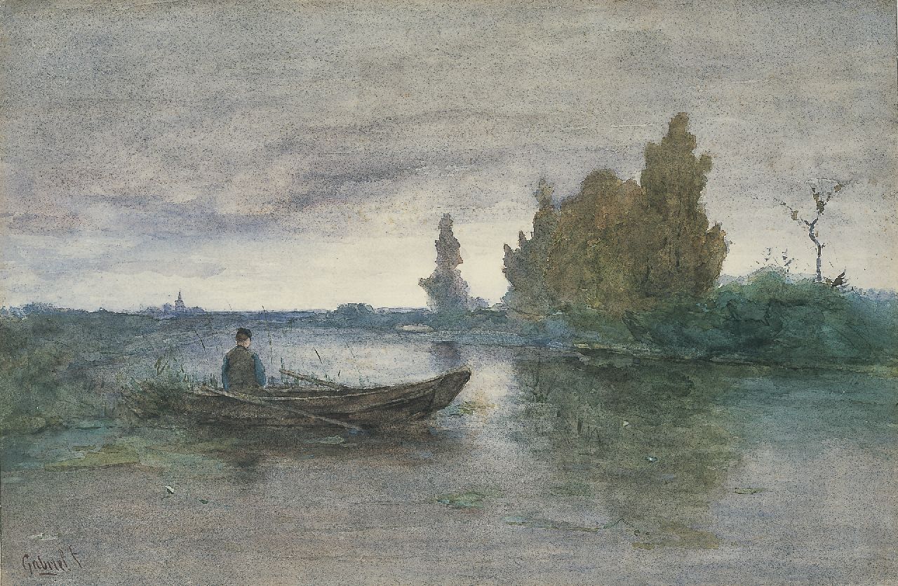 Gabriel P.J.C. | Paul Joseph Constantin 'Constan(t)' Gabriel, Poldervaart met visser, aquarel op papier 35,0 x 53,0 cm, gesigneerd linksonder Gabriel P.J.C. | Paul Joseph Constantin 'Constan(t)' Gabriel, Poldervaart met visser, aquarel op papier 35,0 x 53,0 cm, gesigneerd linksonder