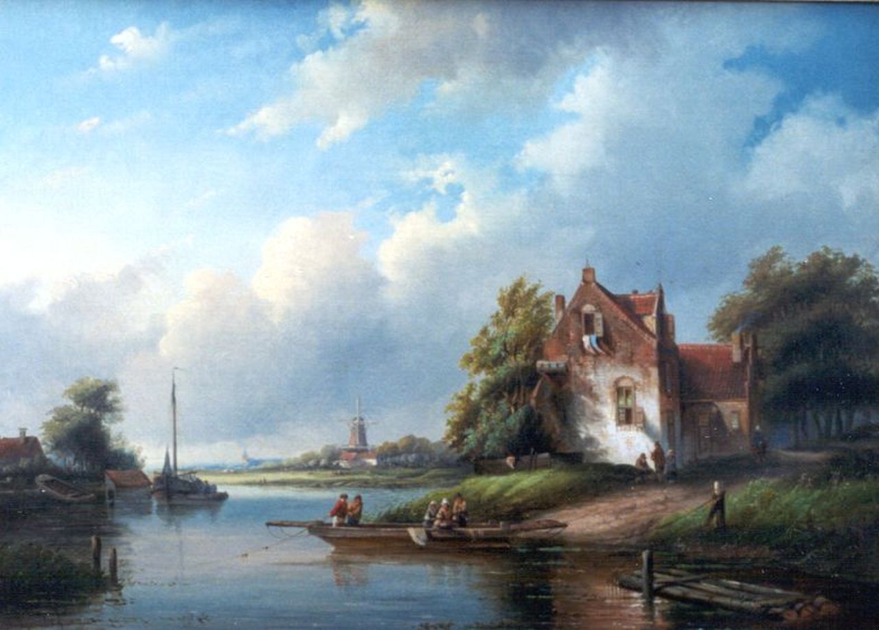Spohler J.J. | Jan Jacob Spohler, Rivierlandschap met overzetveer, olieverf op doek 56,5 x 78,5 cm, gesigneerd linksonder Spohler J.J. | Jan Jacob Spohler, Rivierlandschap met overzetveer, olieverf op doek 56,5 x 78,5 cm, gesigneerd linksonder