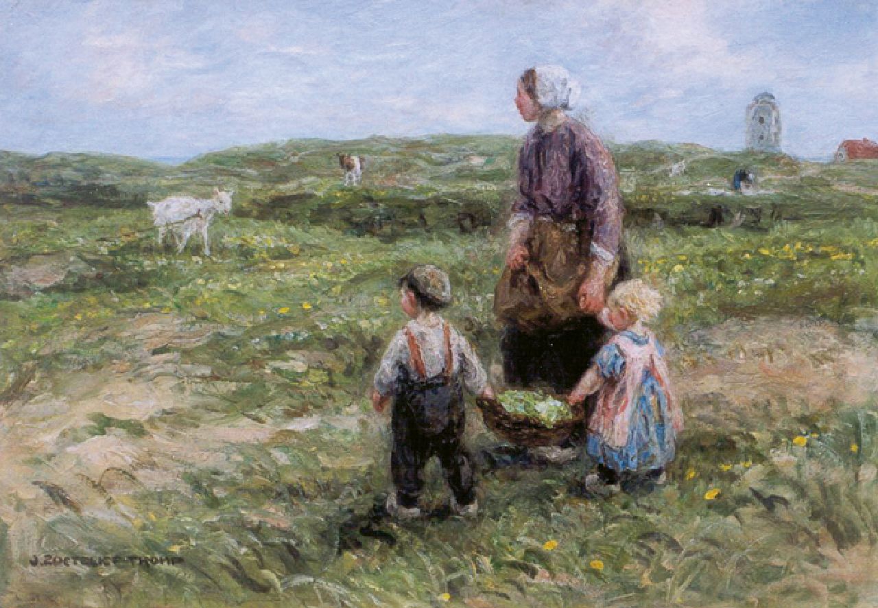 Zoetelief Tromp J. | Johannes 'Jan' Zoetelief Tromp, Geitje voeren, met op achtergrond de Vuurbaak van Katwijk, olieverf op doek 40,6 x 56,6 cm, gesigneerd linksonder Zoetelief Tromp J. | Johannes 'Jan' Zoetelief Tromp, Geitje voeren, met op achtergrond de Vuurbaak van Katwijk, olieverf op doek 40,6 x 56,6 cm, gesigneerd linksonder