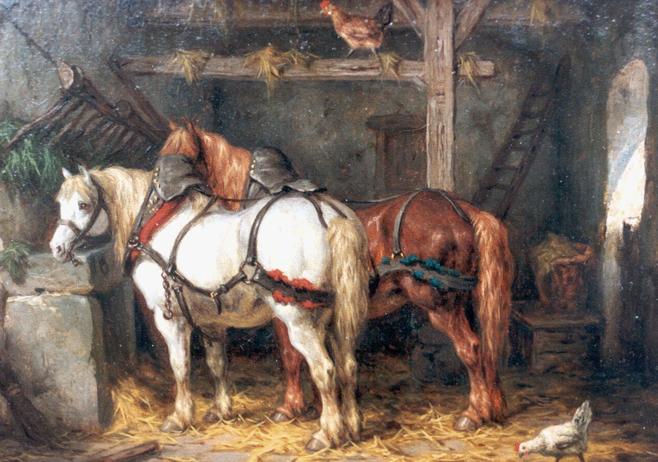 Boogaard W.J. | Willem Johan Boogaard, Paarden in een stal, olieverf op paneel 19,8 x 27,0 cm, gesigneerd rechtsonder en gedateerd 1876 Boogaard W.J. | Willem Johan Boogaard, Paarden in een stal, olieverf op paneel 19,8 x 27,0 cm, gesigneerd rechtsonder en gedateerd 1876