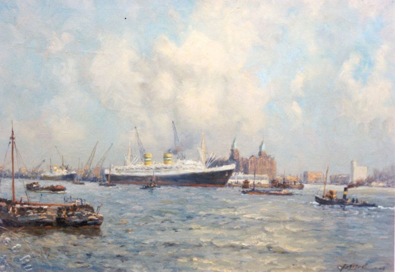 Molenaar J.P.  | Johannes Petrus 'Joop' Molenaar, Gezicht op de Maas te Rotterdam met het H.A.L. gebouw, olieverf op doek 50,4 x 70,8 cm, gesigneerd rechtsonder
