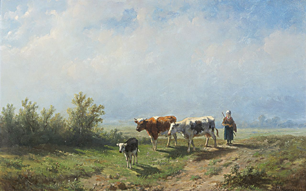 Wijngaerdt A.J. van | Anthonie Jacobus van Wijngaerdt, Naar de weide in de dageraad, olieverf op paneel 23,0 x 36,1 cm, gesigneerd rechtsonder Wijngaerdt A.J. van | Anthonie Jacobus van Wijngaerdt, Naar de weide in de dageraad, olieverf op paneel 23,0 x 36,1 cm, gesigneerd rechtsonder