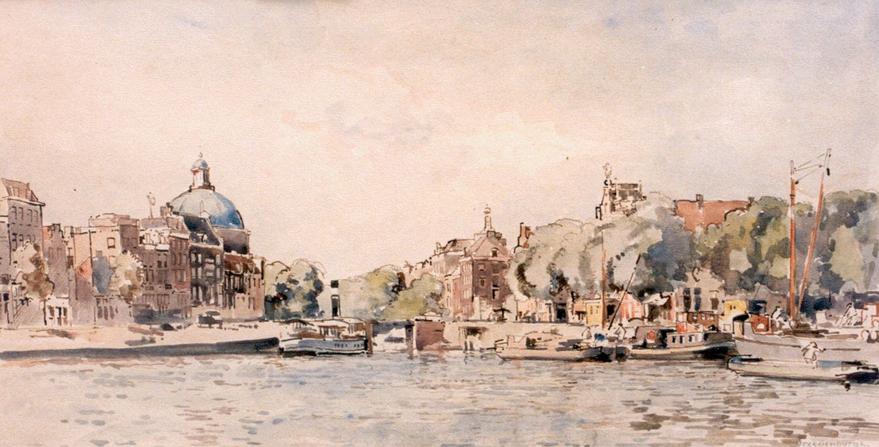 Vreedenburgh C. | Cornelis Vreedenburgh, Amsterdamse haven met Lutherse kerk, aquarel op papier 25,0 x 48,0 cm, gesigneerd rechtsonder Vreedenburgh C. | Cornelis Vreedenburgh, Amsterdamse haven met Lutherse kerk, aquarel op papier 25,0 x 48,0 cm, gesigneerd rechtsonder