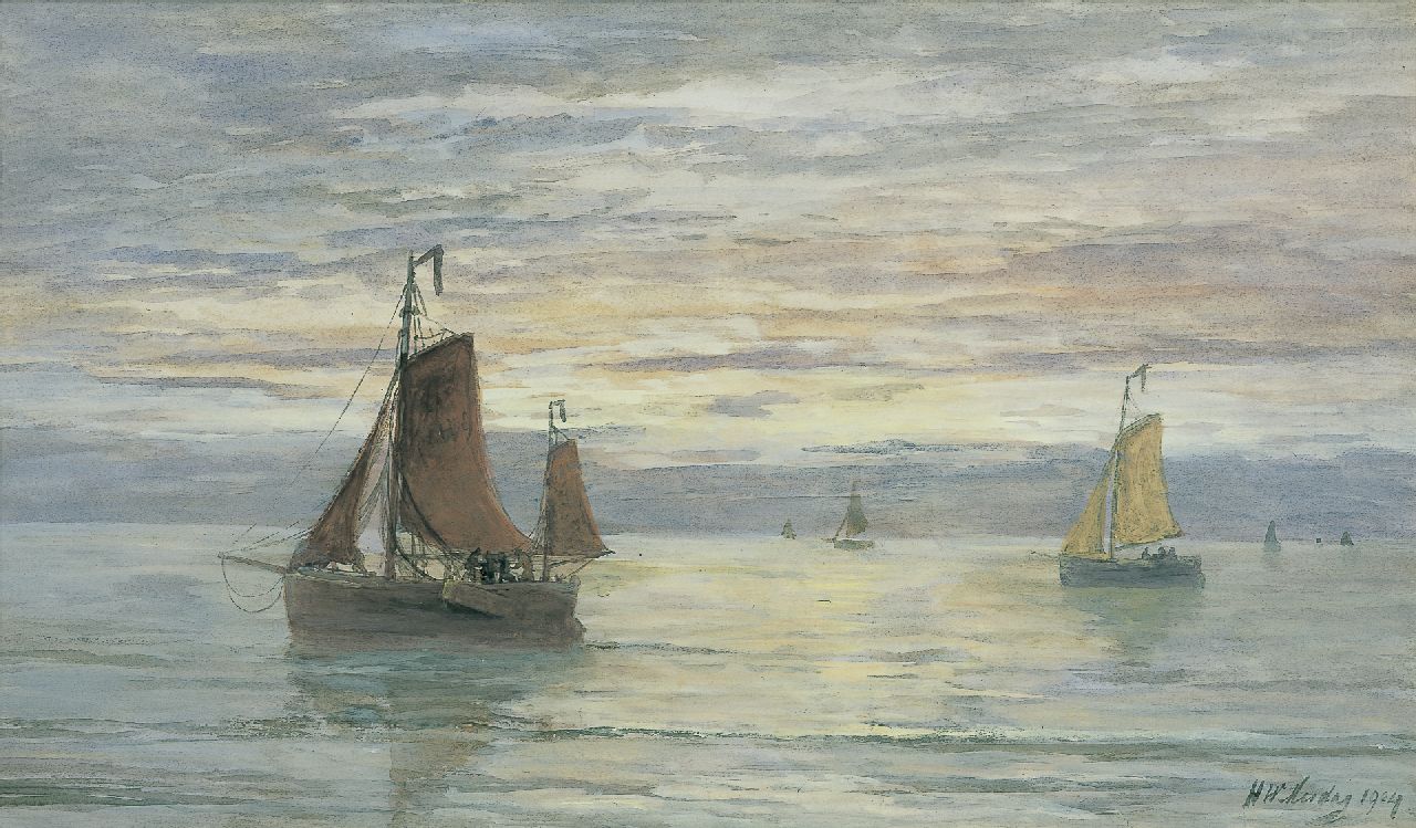 Mesdag H.W. | Hendrik Willem Mesdag, Zeegezicht met vissersschepen, aquarel op papier 39,3 x 66,5 cm, gesigneerd rechtsonder en gedateerd 1904 Mesdag H.W. | Hendrik Willem Mesdag, Zeegezicht met vissersschepen, aquarel op papier 39,3 x 66,5 cm, gesigneerd rechtsonder en gedateerd 1904