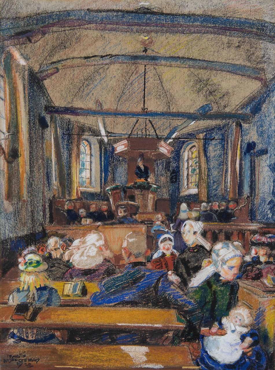 Monnickendam M. | Martin Monnickendam, Kerkdienst op de Veluwe, in Kootwijk, gouache en pastel op papier 58,3 x 43,0 cm, gesigneerd linksonder en gedateerd 1920 Monnickendam M. | Martin Monnickendam, Kerkdienst op de Veluwe, in Kootwijk, gouache en pastel op papier 58,3 x 43,0 cm, gesigneerd linksonder en gedateerd 1920