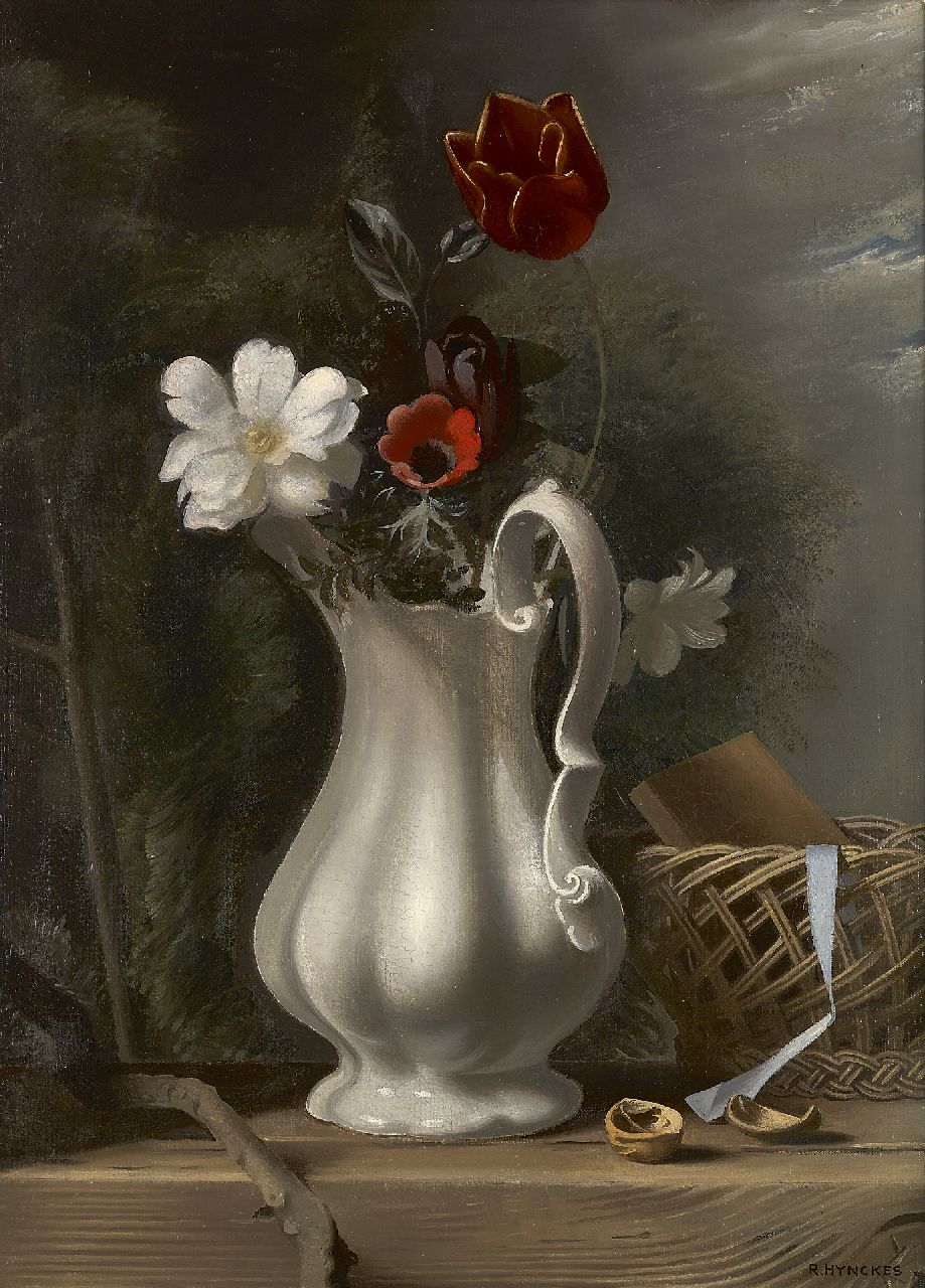 Hynckes R. | Raoul Hynckes, Bloemstilleven, olieverf op doek 55,5 x 40,6 cm, gesigneerd rechtsonder Hynckes R. | Raoul Hynckes, Bloemstilleven, olieverf op doek 55,5 x 40,6 cm, gesigneerd rechtsonder