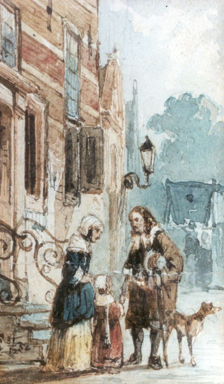 Springer C.  | Cornelis Springer, In gesprek, aquarel op papier 7,8 x 5,0 cm, gesigneerd linksondermet monogram en gedateerd 31/12-52