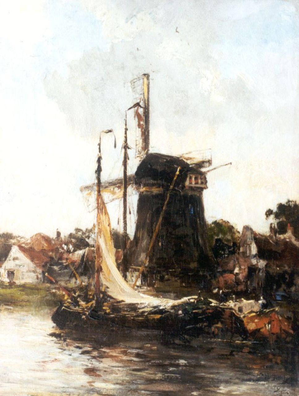 Smith H.  | Hobbe Smith, Schepen, afgemeerd voor een molen, olieverf op doek 48,2 x 38,8 cm, gesigneerd linksonder