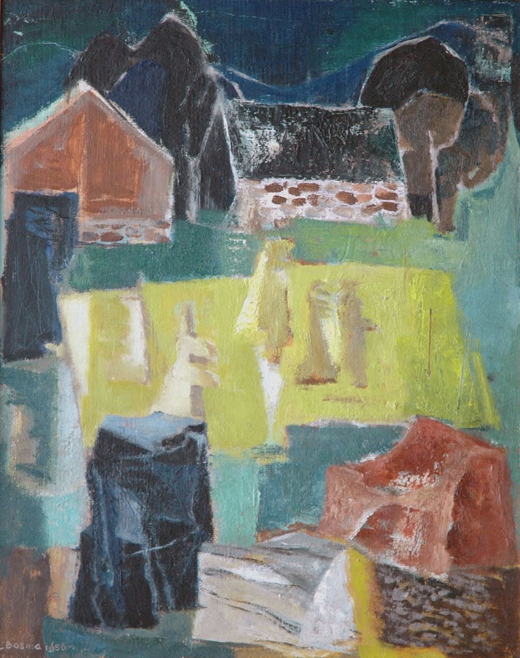 Bosma W. | Willem 'Wim' Bosma, Stenen, korenschoven en een boerderij, olieverf op schildersboard 50,0 x 40,0 cm, gesigneerd linksonder en gedateerd 1956 Bosma W. | Willem 'Wim' Bosma, Stenen, korenschoven en een boerderij, olieverf op schildersboard 50,0 x 40,0 cm, gesigneerd linksonder en gedateerd 1956