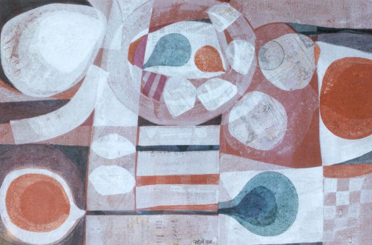 Lek H. van der | Hans van der Lek, Stilleven, gemengde techniek op papier 30,5 x 45,5 cm, gesigneerd middenonder met monogram en gedateerd 1968 Lek H. van der | Hans van der Lek, Stilleven, gemengde techniek op papier 30,5 x 45,5 cm, gesigneerd middenonder met monogram en gedateerd 1968