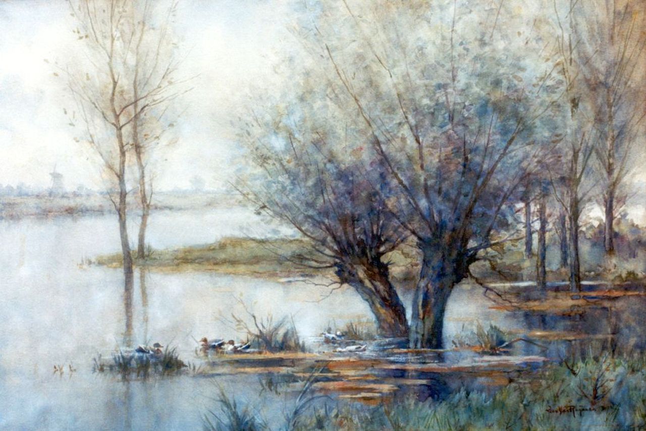 Rhijnnen J. van | Johannes 'Jan' van Rhijnnen, Eenden in een plassenlandschap, aquarel op papier 35,0 x 53,0 cm, gesigneerd rechtsonder Rhijnnen J. van | Johannes 'Jan' van Rhijnnen, Eenden in een plassenlandschap, aquarel op papier 35,0 x 53,0 cm, gesigneerd rechtsonder