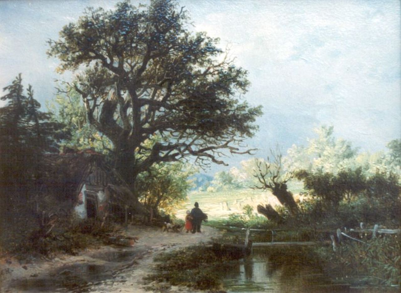 Haanen R.A.  | Remigius Adrianus Haanen, Boerderij aan een slootje met figuurtjes, olieverf op paneel 12,4 x 16,4 cm, gesigneerd linksonder met monogram
