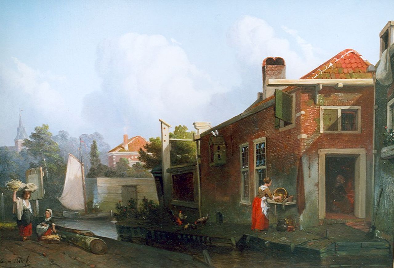 Bles J. | Joseph Bles, Hollands dorpsgezicht met bedrijvige keukenmeid en korendraagsters, olieverf op paneel 27,0 x 38,5 cm, gesigneerd linksonder Bles J. | Joseph Bles, Hollands dorpsgezicht met bedrijvige keukenmeid en korendraagsters, olieverf op paneel 27,0 x 38,5 cm, gesigneerd linksonder