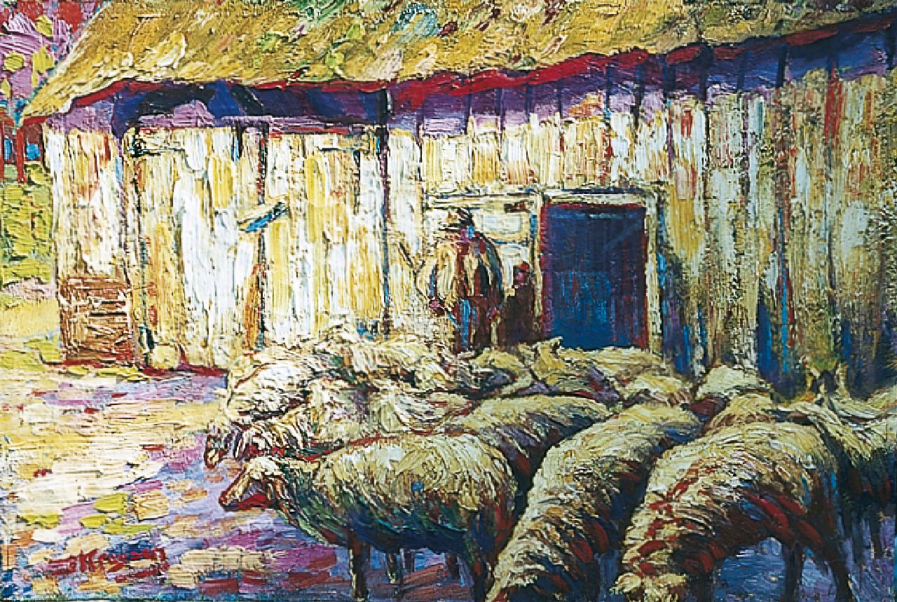 Kruysen J. | Johannes 'Jan' Kruysen, Herder met schaapskudde in de zon, olieverf op doek 34,2 x 51,0 cm, gesigneerd linksonder en te dateren ca. 1915 Kruysen J. | Johannes 'Jan' Kruysen, Herder met schaapskudde in de zon, olieverf op doek 34,2 x 51,0 cm, gesigneerd linksonder en te dateren ca. 1915