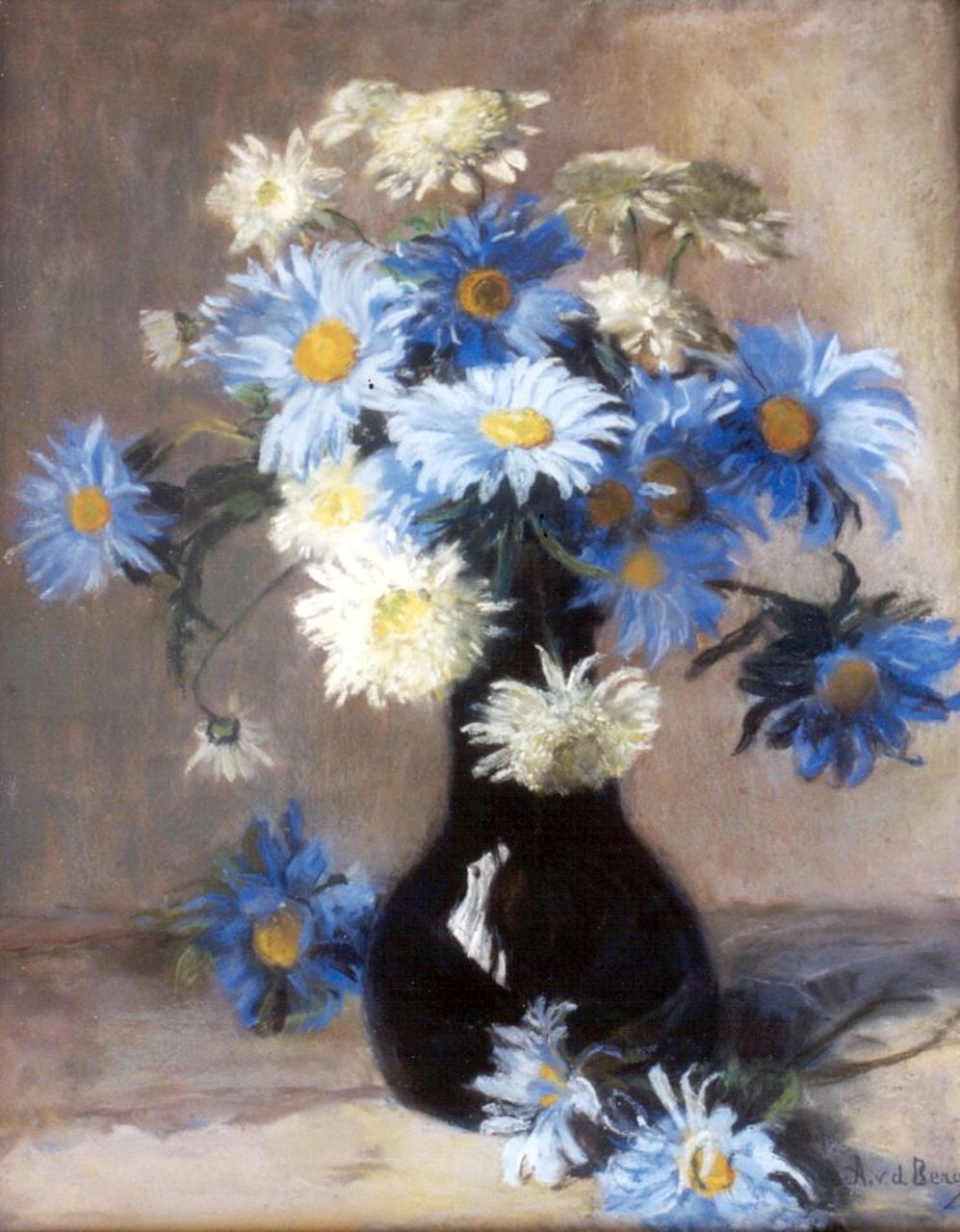 Berg A.C. van den | Anna Carolina 'Ans' van den Berg, Bloemstilleven met chrysanten en asters, pastel op papier 49,0 x 39,0 cm, gesigneerd rechtsonder Berg A.C. van den | Anna Carolina 'Ans' van den Berg, Bloemstilleven met chrysanten en asters, pastel op papier 49,0 x 39,0 cm, gesigneerd rechtsonder