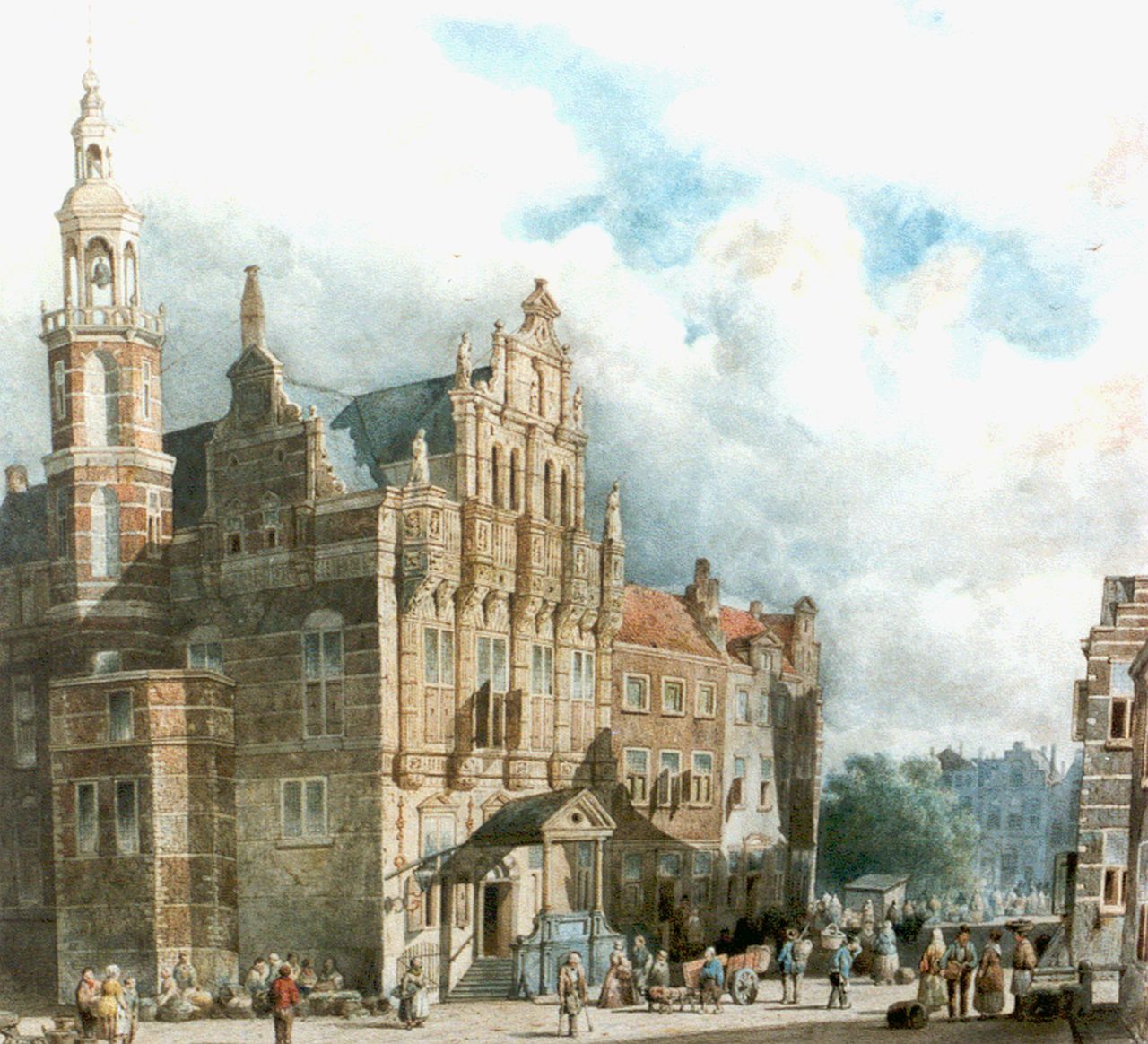 Vrolijk J.A. | Jacobus 'Adriaan' Vrolijk, Figuren op marktplein Den Haag, aquarel op papier 40,2 x 43,0 cm, gesigneerd rechtsonder en gedateerd 1860 Vrolijk J.A. | Jacobus 'Adriaan' Vrolijk, Figuren op marktplein Den Haag, aquarel op papier 40,2 x 43,0 cm, gesigneerd rechtsonder en gedateerd 1860