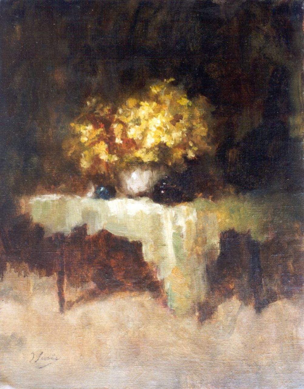 Surie J. | Jacoba 'Coba' Surie, Interieur met bloemstilleven op een tafel, olieverf op doek 49,9 x 40,3 cm, gesigneerd linksonder Surie J. | Jacoba 'Coba' Surie, Interieur met bloemstilleven op een tafel, olieverf op doek 49,9 x 40,3 cm, gesigneerd linksonder