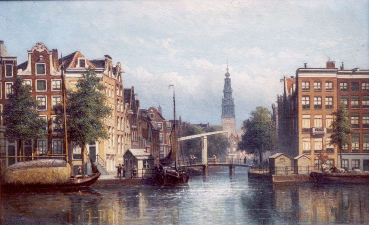 Hilverdink E.A. | Eduard Alexander Hilverdink, Gezicht op de Groenburgwal, Amsterdam, gezien vanaf de Amstel, olieverf op doek 29,5 x 46,7 cm, gesigneerd linksonder en gedateerd '79 Hilverdink E.A. | Eduard Alexander Hilverdink, Gezicht op de Groenburgwal, Amsterdam, gezien vanaf de Amstel, olieverf op doek 29,5 x 46,7 cm, gesigneerd linksonder en gedateerd '79