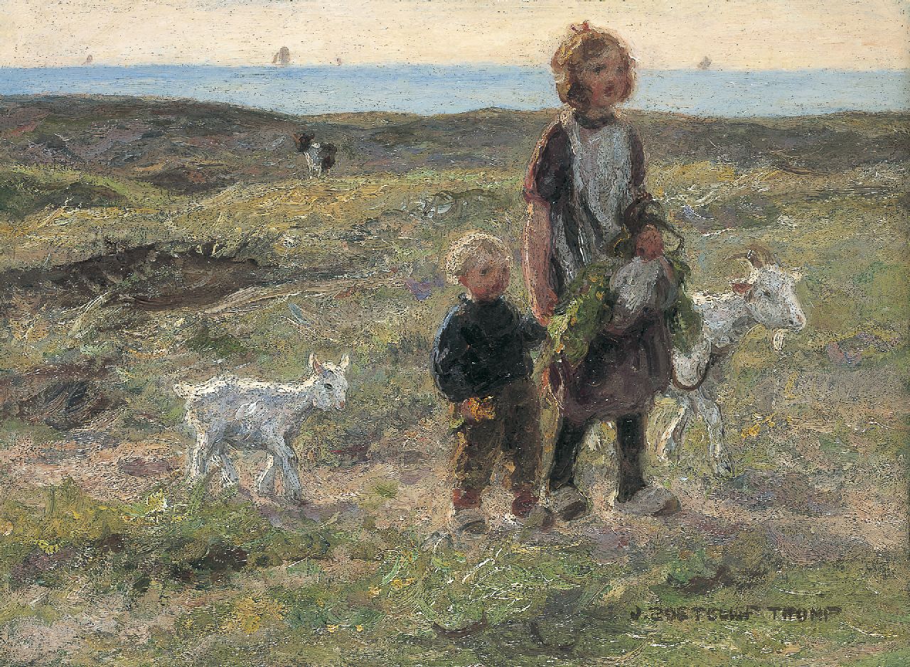 Zoetelief Tromp J. | Johannes 'Jan' Zoetelief Tromp, Met de geitjes huiswaarts, olieverf op paneel 24,5 x 33,5 cm, gesigneerd rechtsonder Zoetelief Tromp J. | Johannes 'Jan' Zoetelief Tromp, Met de geitjes huiswaarts, olieverf op paneel 24,5 x 33,5 cm, gesigneerd rechtsonder