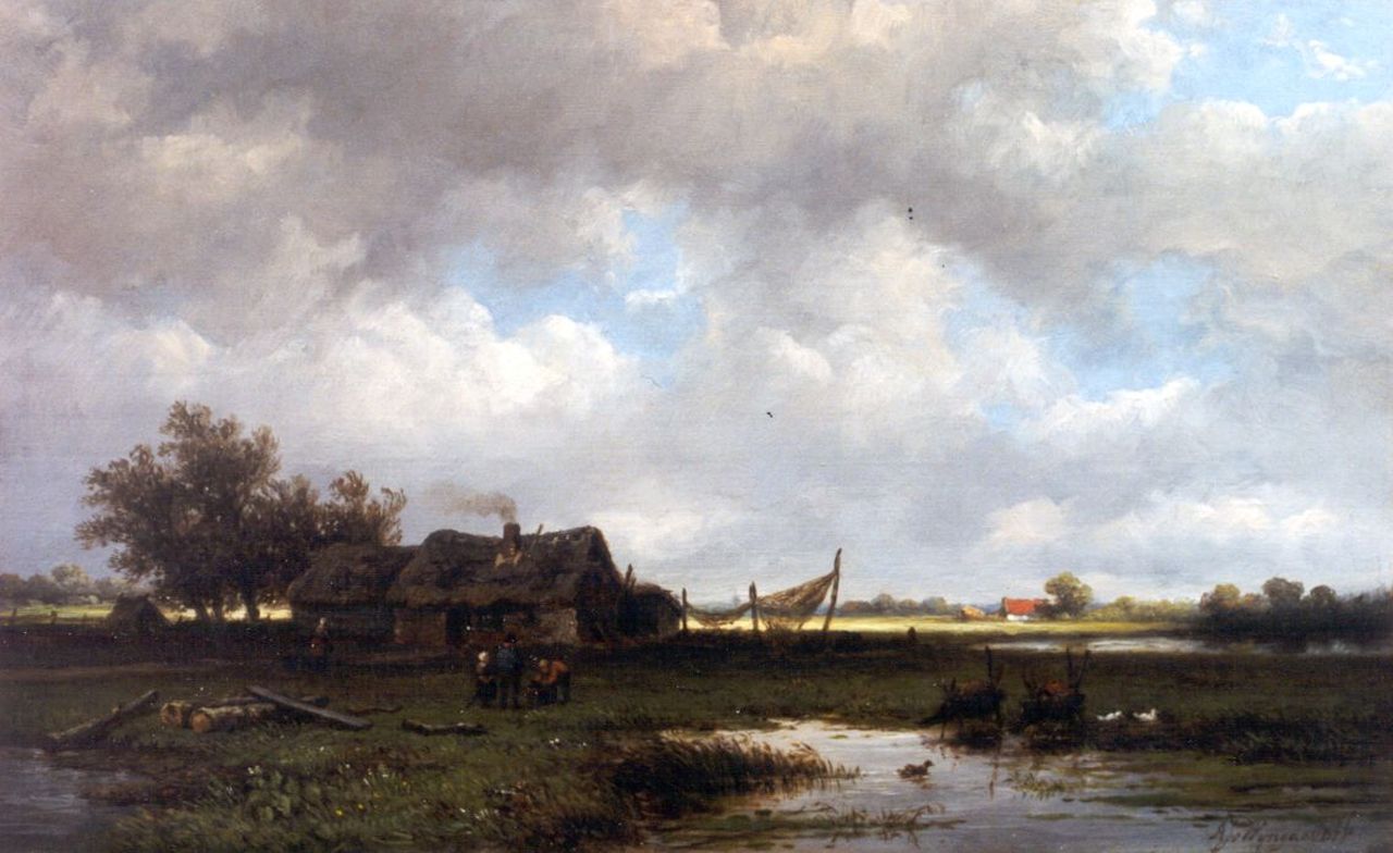 Wijngaerdt A.J. van | Anthonie Jacobus van Wijngaerdt, Landschap met vissershutten, olieverf op paneel 22,3 x 36,2 cm, gesigneerd rechtsonder Wijngaerdt A.J. van | Anthonie Jacobus van Wijngaerdt, Landschap met vissershutten, olieverf op paneel 22,3 x 36,2 cm, gesigneerd rechtsonder
