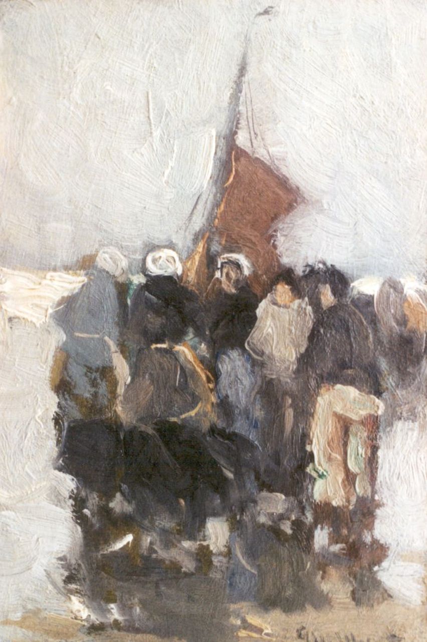 Munthe G.A.L. | Gerhard Arij Ludwig 'Morgenstjerne' Munthe, Vissersvrouwen op het strand, olieverf op schildersboard 15,9 x 10,8 cm, gesigneerd rechtsonder Munthe G.A.L. | Gerhard Arij Ludwig 'Morgenstjerne' Munthe, Vissersvrouwen op het strand, olieverf op schildersboard 15,9 x 10,8 cm, gesigneerd rechtsonder