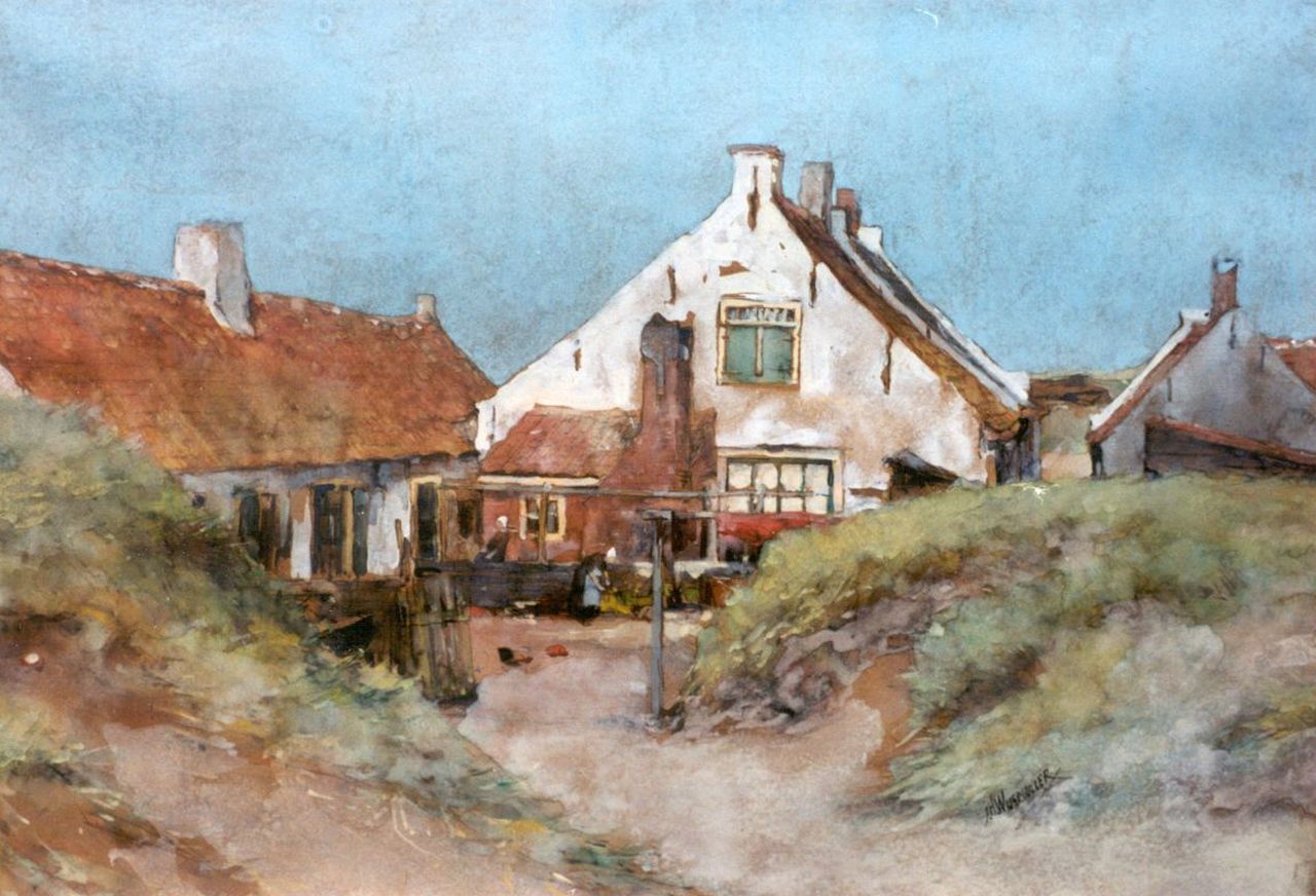 Wijsmuller J.H.  | Jan Hillebrand Wijsmuller, Witte huisjes in de duinen, Katwijk aan Zee, zwart krijt en aquarel op papier 39,7 x 55,3 cm, gesigneerd rechtsonder