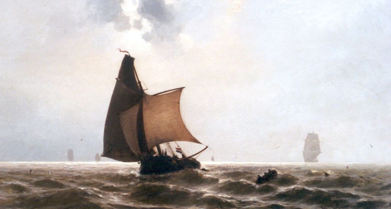 Heemskerck van Beest J.E. van | Jacob Eduard van Heemskerck van Beest, Zeilschepen en mannen in een vlet op open zee, olieverf op paneel 50,7 x 92,0 cm, gesigneerd rechtsonder