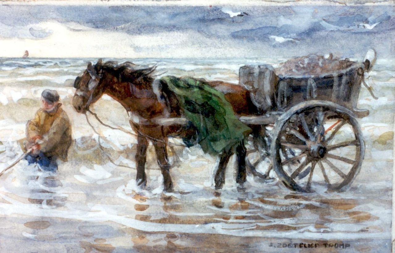 Zoetelief Tromp J. | Johannes 'Jan' Zoetelief Tromp, Schelpenvissers met zijn paard en wagen in de branding, aquarel op papier 17,0 x 26,0 cm, gesigneerd rechtsonder Zoetelief Tromp J. | Johannes 'Jan' Zoetelief Tromp, Schelpenvissers met zijn paard en wagen in de branding, aquarel op papier 17,0 x 26,0 cm, gesigneerd rechtsonder