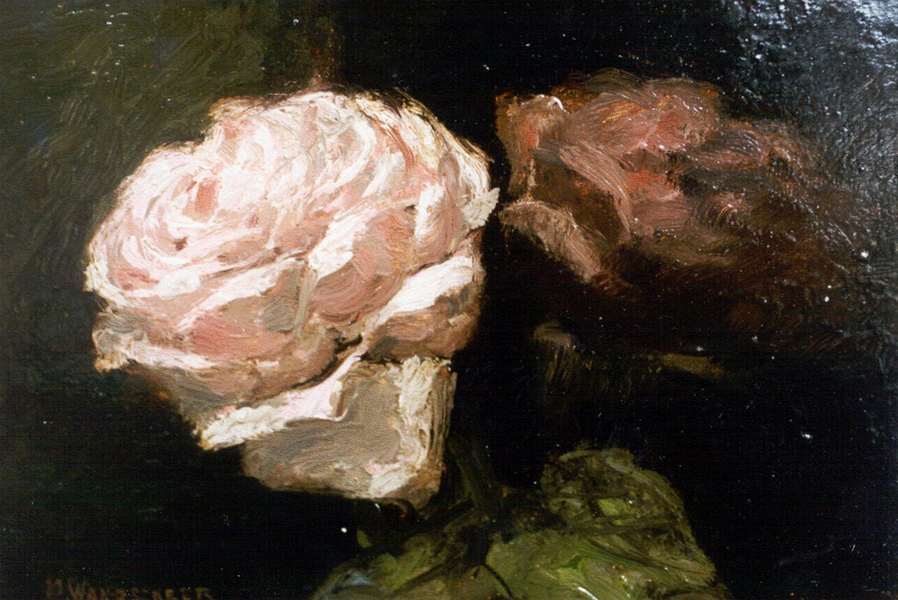 Wandscheer M.W. | Maria Wilhelmina 'Marie' Wandscheer, Stilleven van rozen, olieverf op paneel 16,4 x 23,6 cm, gesigneerd linksonder Wandscheer M.W. | Maria Wilhelmina 'Marie' Wandscheer, Stilleven van rozen, olieverf op paneel 16,4 x 23,6 cm, gesigneerd linksonder