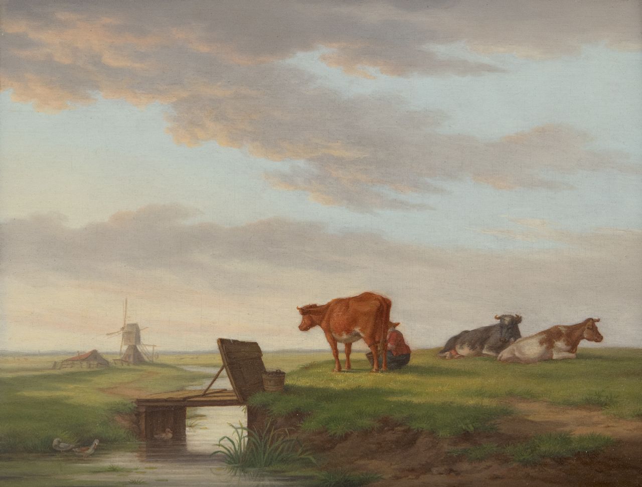 Hendrik Adam van der Burgh | Koeien in een landschap met molen, olieverf op paneel, 20,4 x 26,3 cm, gesigneerd r.o. en gedateerd 1821 Hendrik Adam van der Burgh | Koeien in een landschap met molen, olieverf op paneel, 20,4 x 26,3 cm, gesigneerd r.o. en gedateerd 1821