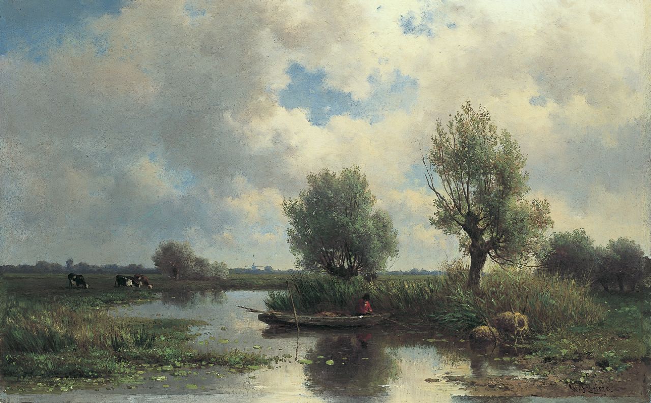 Roelofs W.  | Willem Roelofs, Hollands polderlandschap met koeien en een visser, olieverf op doek 44,6 x 69,5 cm, gesigneerd rechtsonder