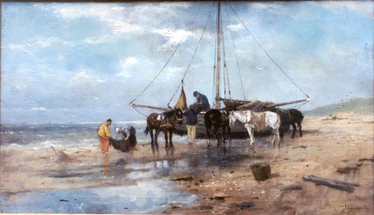 Scherrewitz J.F.C.  | Johan Frederik Cornelis Scherrewitz, Het uitladen van de vangst, olieverf op doek 46,8 x 67,5 cm, gesigneerd rechtsonder