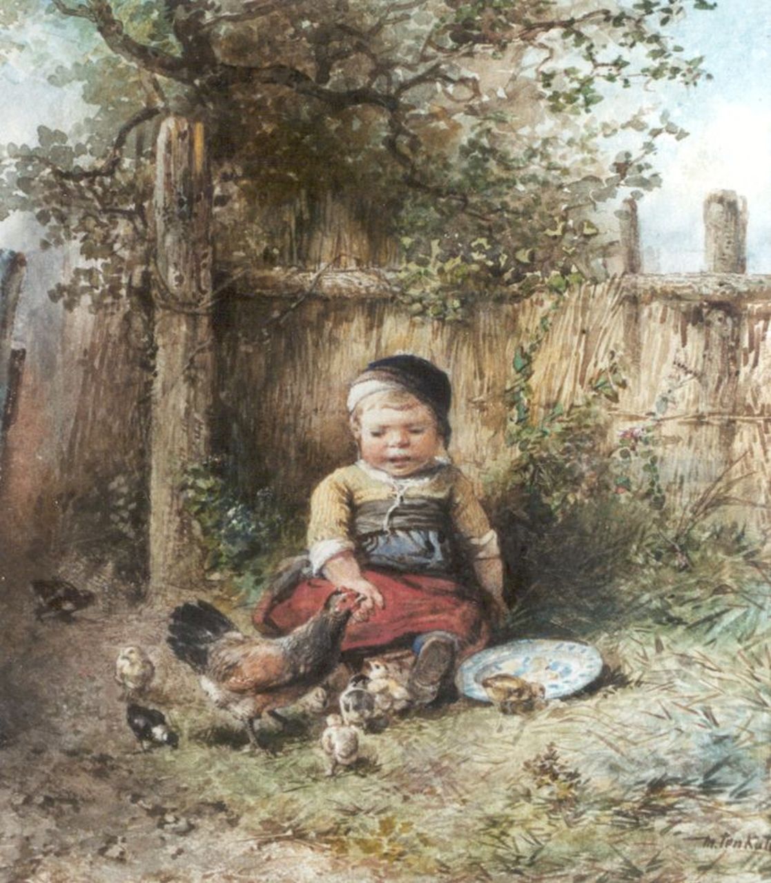 Kate J.M.H. ten | Johan 'Mari' Henri ten Kate, Kippen voeren, aquarel op papier 33,6 x 29,6 cm, gesigneerd rechtsonder