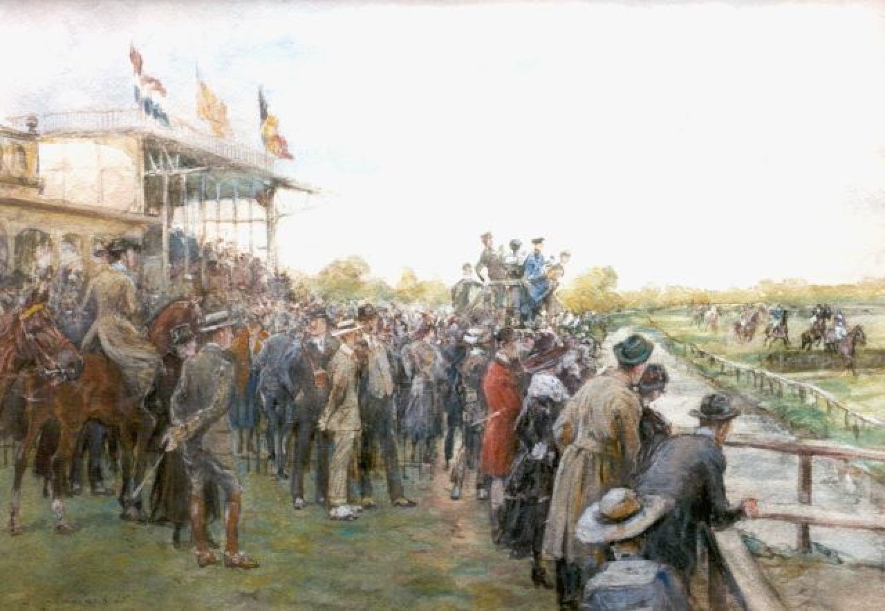 Hoynck van Papendrecht J.  | Jan Hoynck van Papendrecht, Bij de paardenraces op Duindigt, aquarel op papier 43,3 x 60,0 cm, gesigneerd linksonder