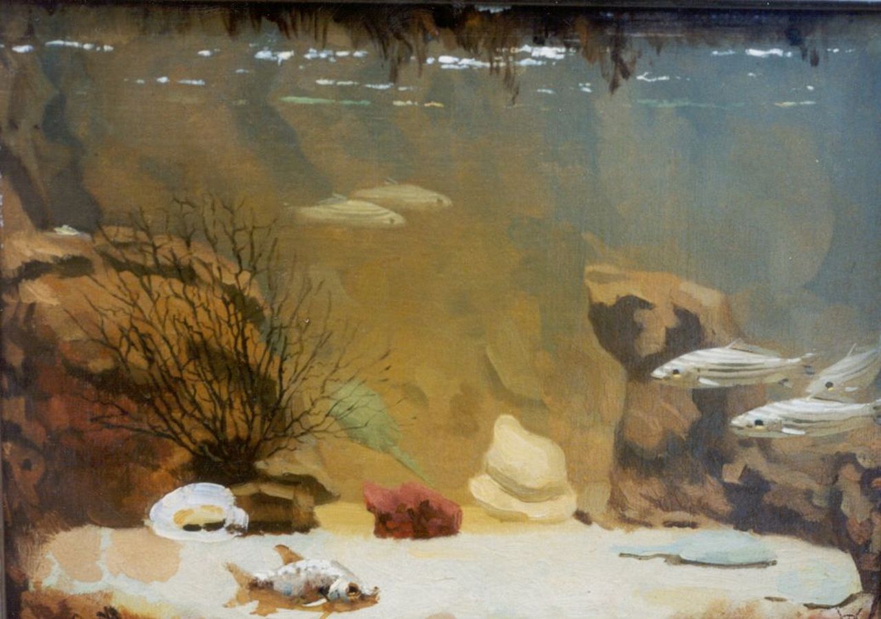 Dijsselhof G.W. | Gerrit Willem Dijsselhof, Aquarium, olieverf op doek op schildersboard 26,3 x 34,7 cm, gesigneerd rechtsonder met monogram Dijsselhof G.W. | Gerrit Willem Dijsselhof, Aquarium, olieverf op doek op schildersboard 26,3 x 34,7 cm, gesigneerd rechtsonder met monogram