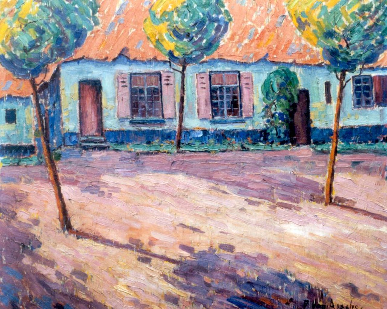Assche P. van | Petrus van Assche, Begijnhofje in de zon, olieverf op doek 75,3 x 90,0 cm, gesigneerd rechtsonder