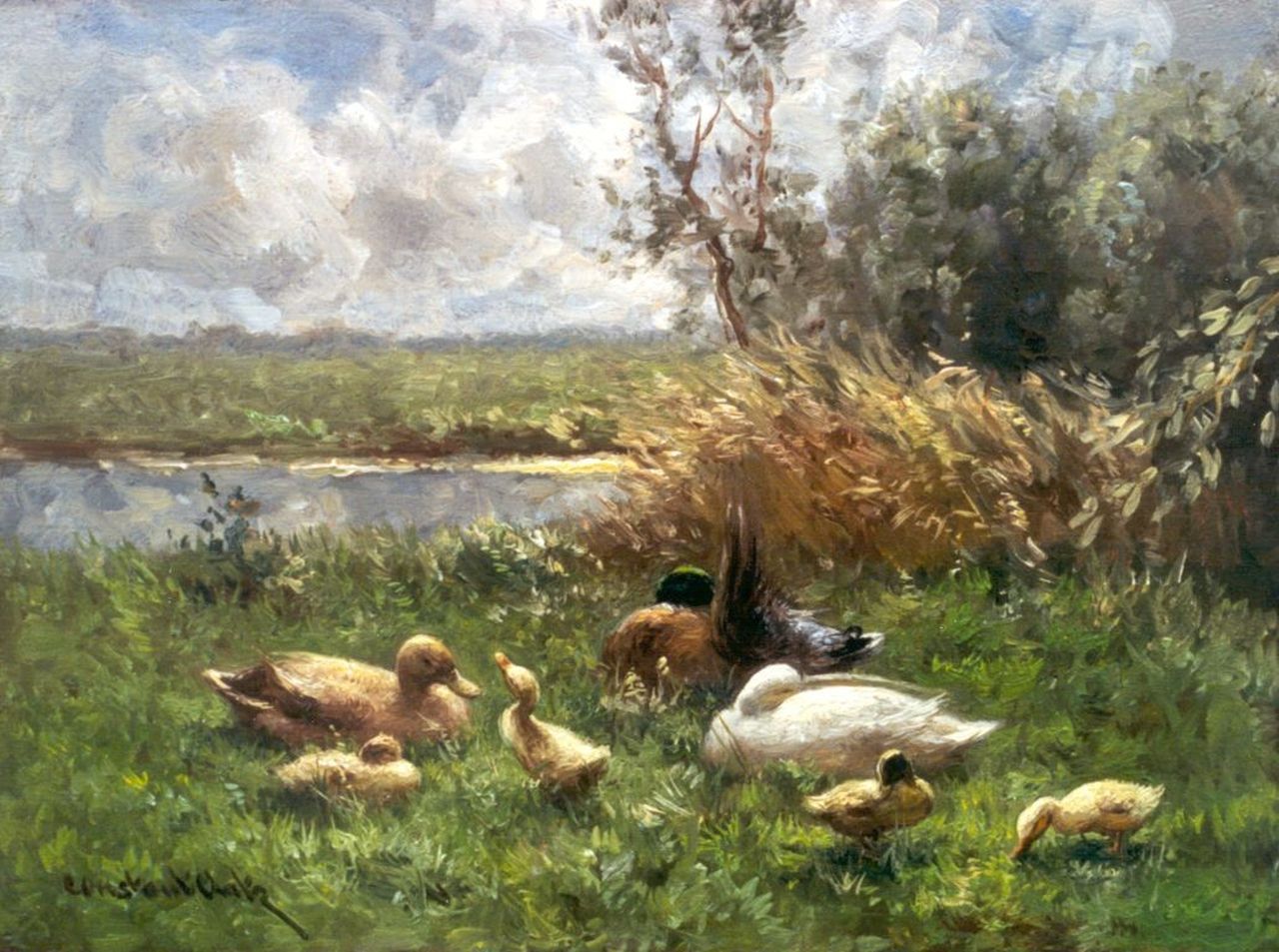 Artz C.D.L.  | 'Constant' David Ludovic Artz, Eenden met kuikens aan de waterkant, olieverf op paneel 18,0 x 24,0 cm, gesigneerd linksonder