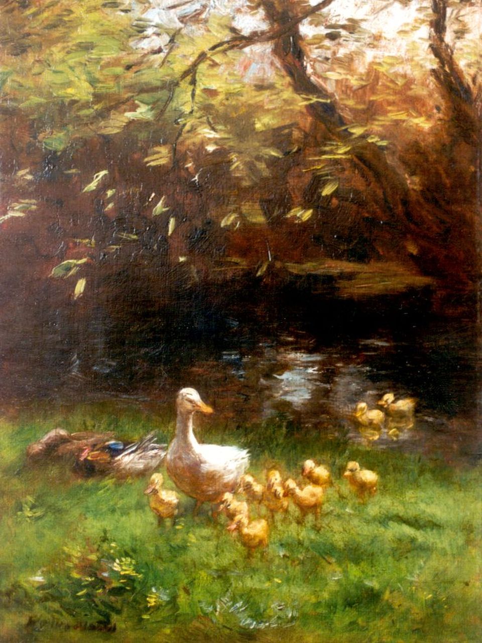 Maris W. | Willem Maris, Moedereend met haar kuikens aan de waterkant, olieverf op doek 47,7 x 36,0 cm, gesigneerd linksonder Maris W. | Willem Maris, Moedereend met haar kuikens aan de waterkant, olieverf op doek 47,7 x 36,0 cm, gesigneerd linksonder